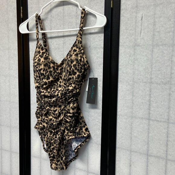 Aqua Green Shirred Side Front One Piece Low V Neck Leopard Spot Swimsuit NWT S - Picture 5 of 12